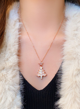 秋冬粉色锆石星星圣诞树吊坠项链女小众轻奢高级感毛衣链气质配饰
