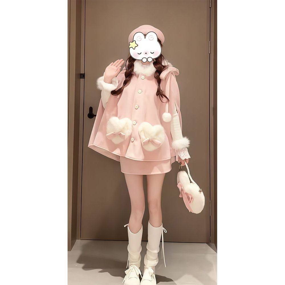 【粉珠云绵】甜美冬季保暖套装可爱外套+打底衫+上衣+短裙三件套