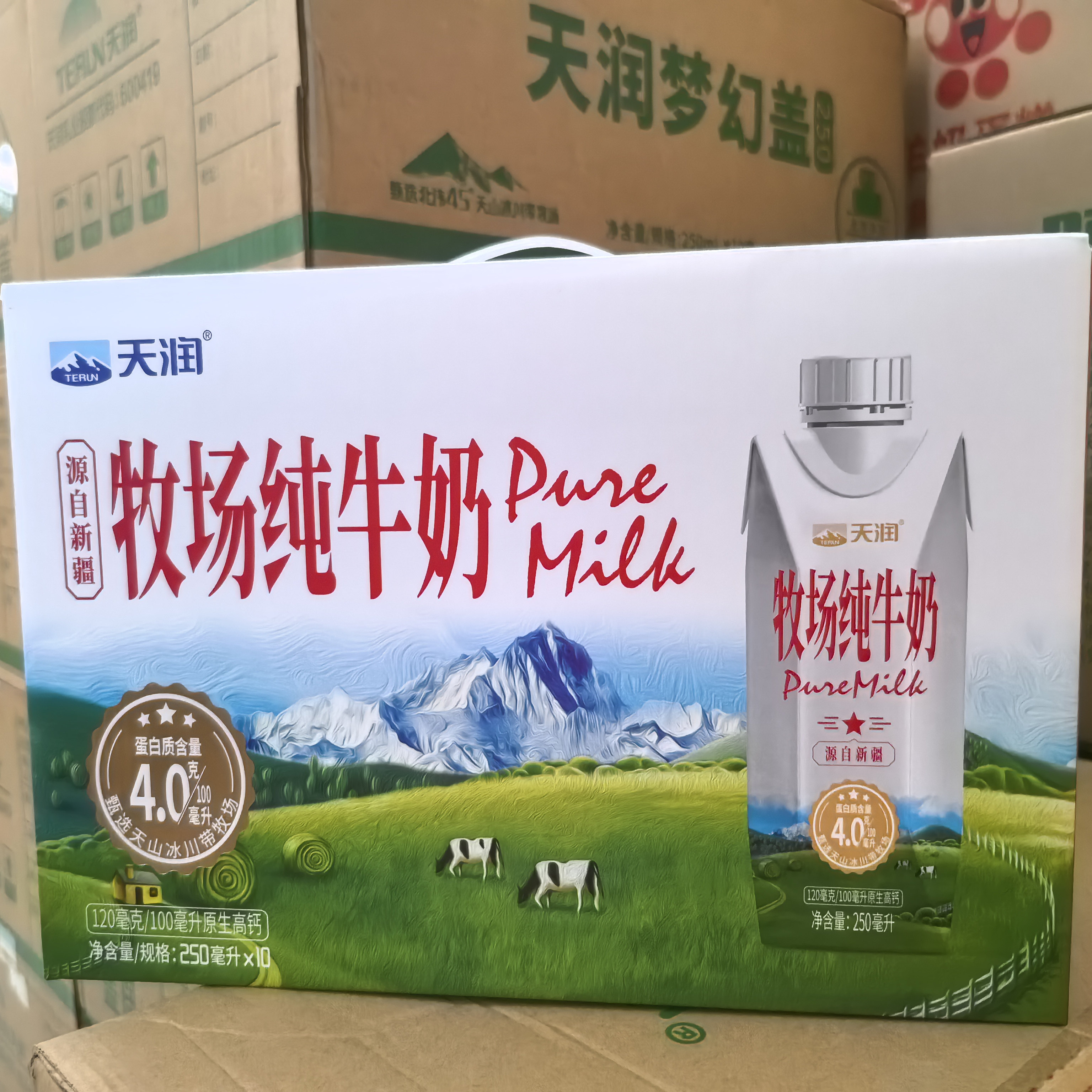 天润新疆牧场纯牛奶4.0g乳蛋白全脂牛奶250ml*10盒早餐奶广东