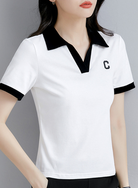 翻领短袖t恤女v领白色夏季女装2026新款爆款修身休闲Polo带领上衣