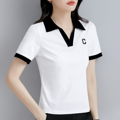 新款翻领短袖t恤女v领夏装
