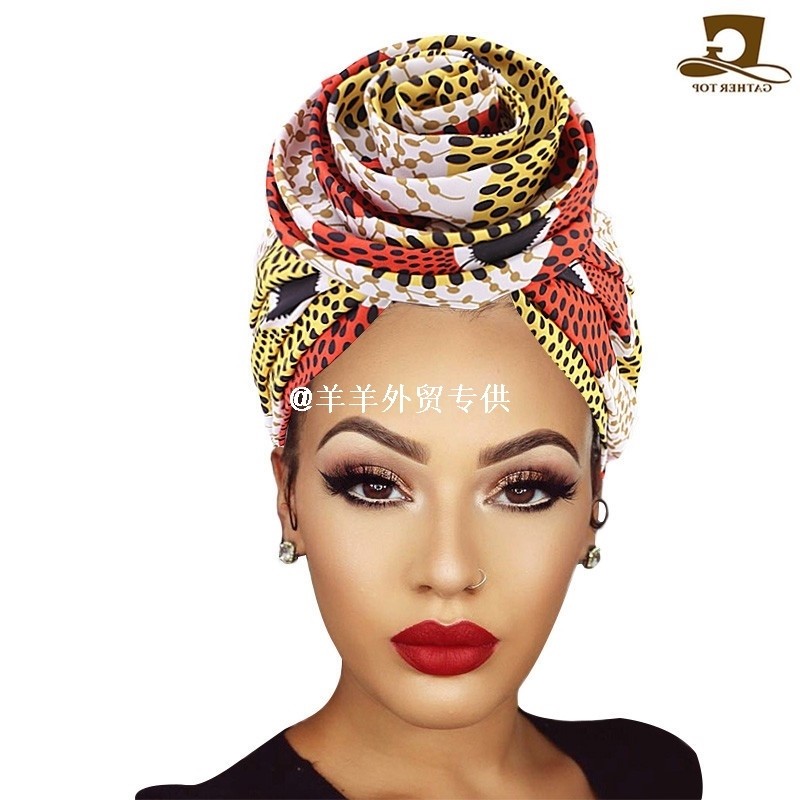 非洲印花色丁内衬头巾帽双层盘花帽民族风时装帽婚礼帽子女turban