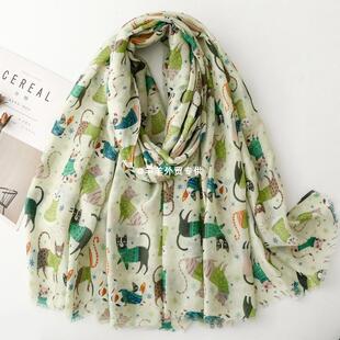 外贸猫咪印花春秋围巾防晒旅游披肩Scarf shawl tourism vacation