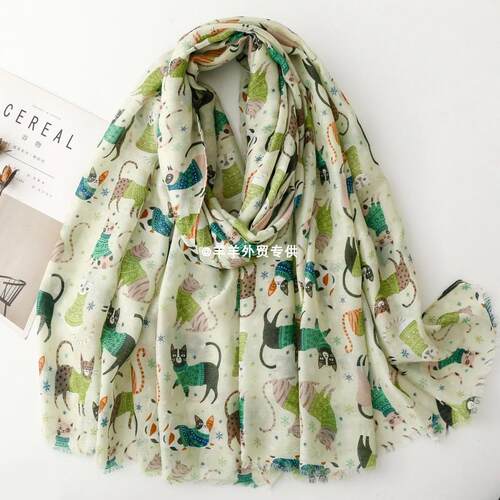外贸猫咪印花春秋围巾防晒旅游披肩Scarf shawl tourism vacation
