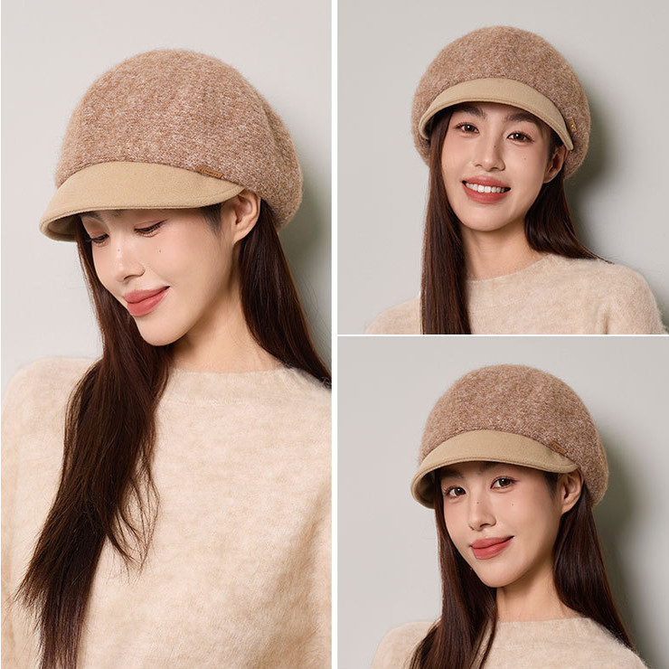 韩版氛围感厚针织贝雷帽子带帽檐女秋冬淑女鸭舌报童帽 hat wowen
