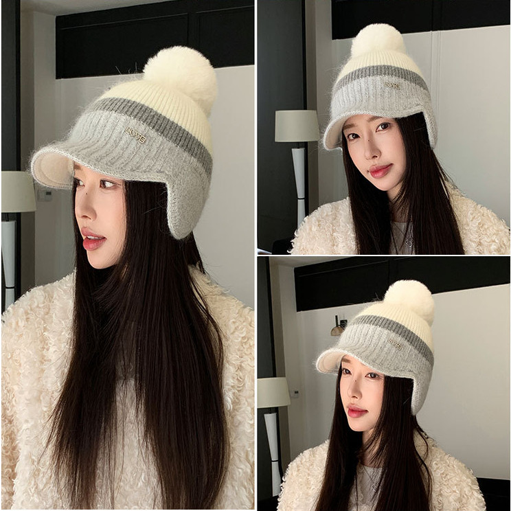 韩版秋冬护耳针织帽子毛毛大球球可爱鸭舌棒球帽双层保暖 hat cap