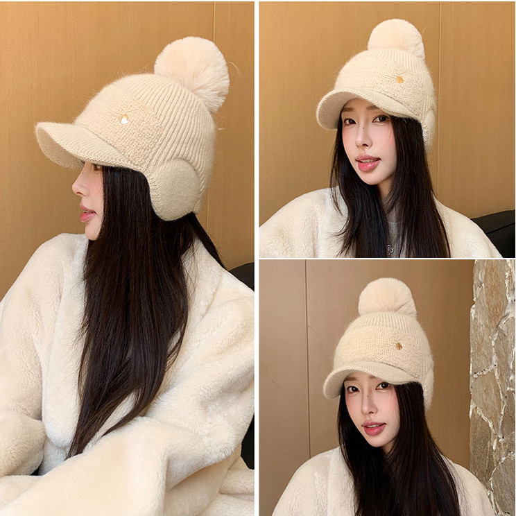 韩国毛线棒球帽大球球秋冬保暖护耳针织帽子户外女 hat cap wowen