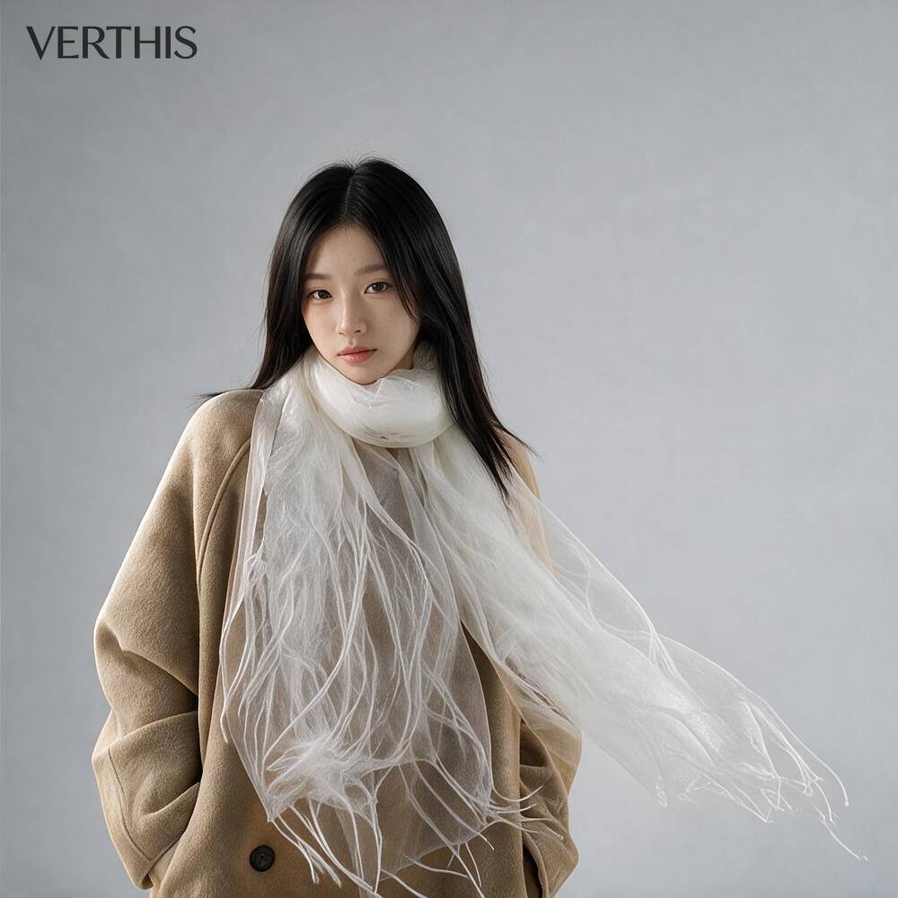 VERTHIS白色薄纱围巾女长款流苏披肩仙气飘逸丝巾百分百桑蚕丝