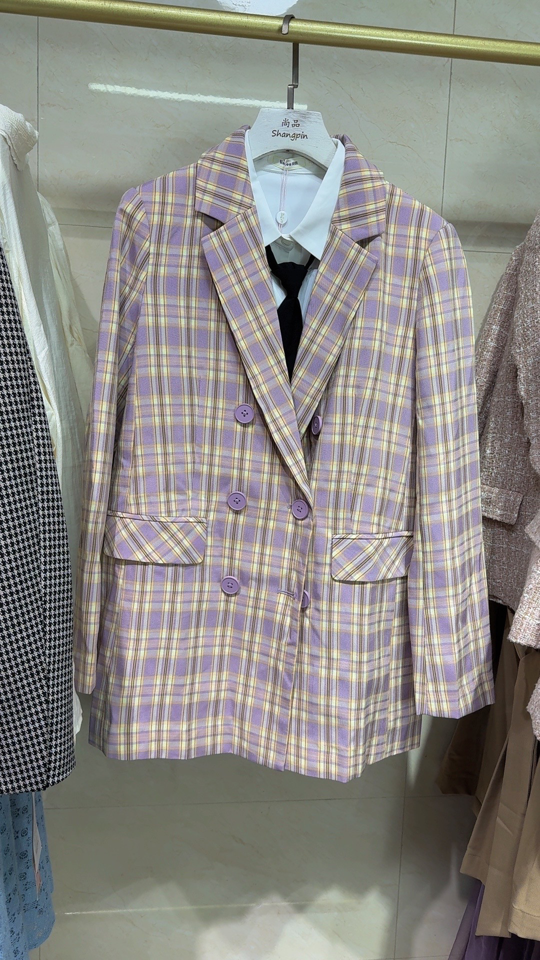 韩版格子双排扣西装外套24秋休闲西服上衣 专柜撤柜女装