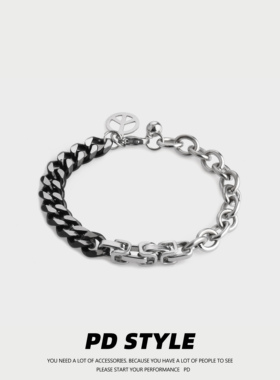 PDSTYLE黑色拼接peace标志钛钢古巴手链男女生高级感配饰品不掉色
