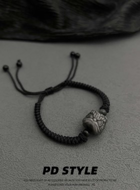 PDSTYLE 银耀石小醒狮手工编织绳黑色手链男女生情侣高级感礼物潮
