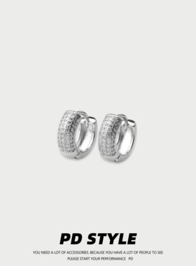 PDSTYLE 嘻哈银色五排镶钻耳环男女生小众高级氛围感百搭情侣耳钉