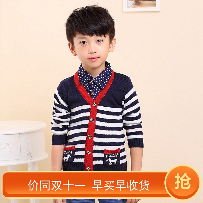 童装针织v领假两件条纹毛线衣