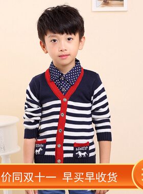 童装针织v领假两件条纹毛线衣