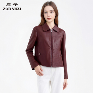 ZORANZI 庄子女装酒红色绵羊皮皮衣女时尚翻领皮外套LWOAU205Z
