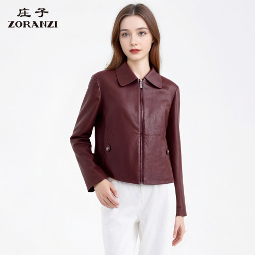 ZORANZI 庄子女装酒红色绵羊皮皮衣女时尚翻领皮外套LWOAU205Z