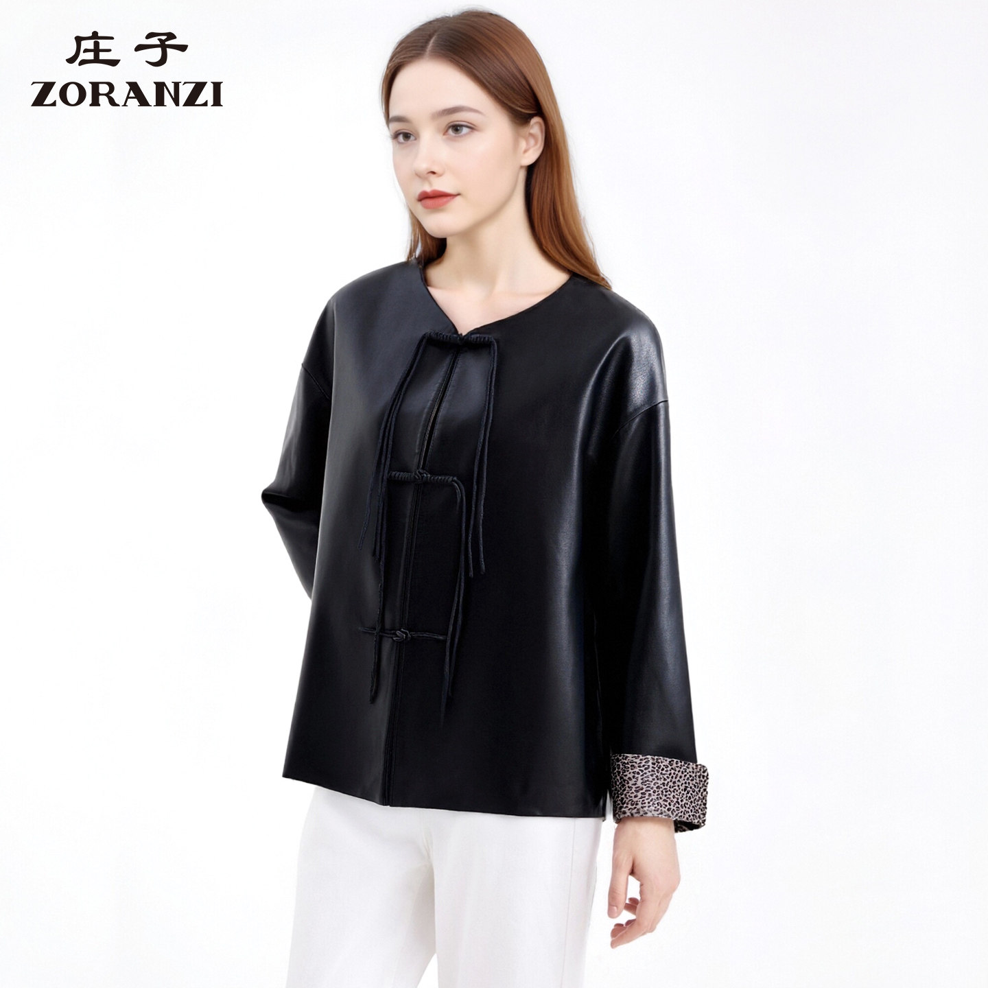 ZORANZI 庄子女装皮衣黑色新中式国风外套宽松盘扣上衣LWOAT105D