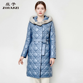 ZORANZI 连帽皮羽绒女系带羽绒外套LWBES663D 中长款 庄子女装 冬季