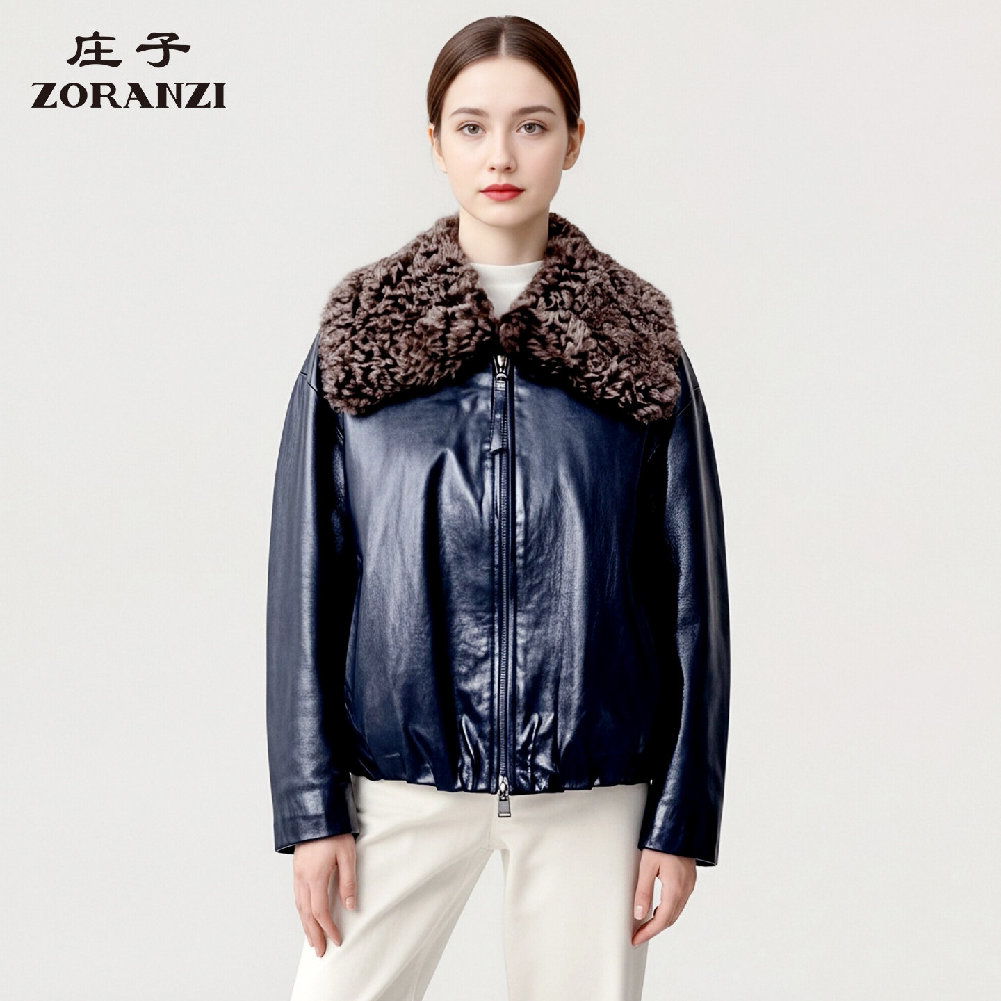 ZORANZI 庄子女装秋冬季黑色短款翻领皮衣LWOGU465Y