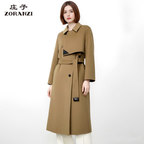 ZORANZI 庄子女装秋冬季中长款毛呢外套女士翻领系带大衣WPU4414F