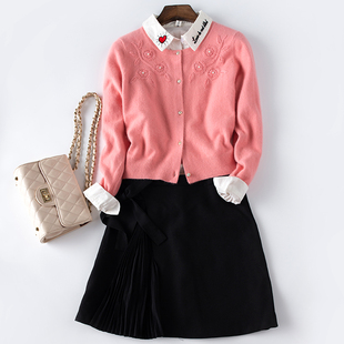 春秋冬新品女士纯手工绣花圆领高腰羊绒小开衫皮粉色针织毛衣外套