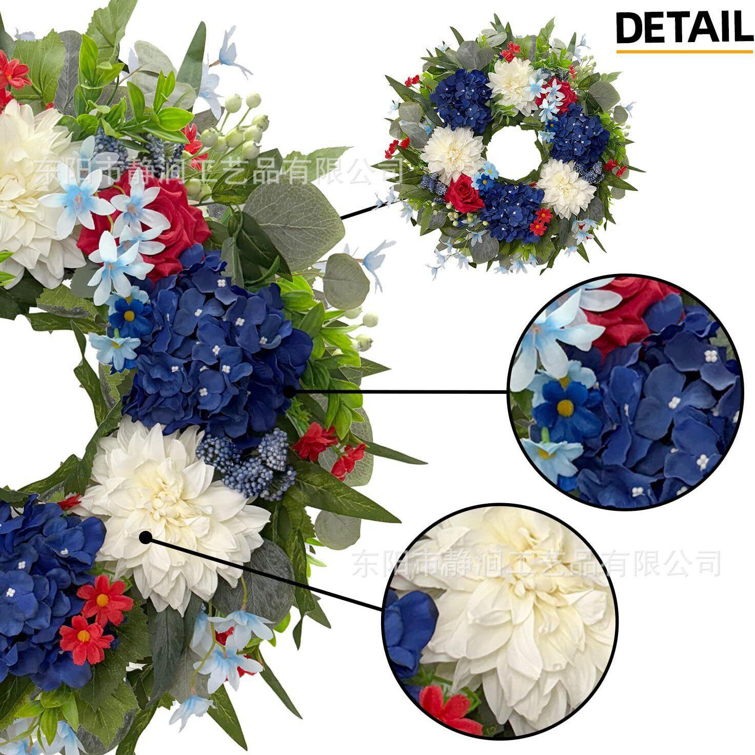 跨境独立日花环红白蓝花束 跨境亚马逊独立日仿真花假花装饰花环