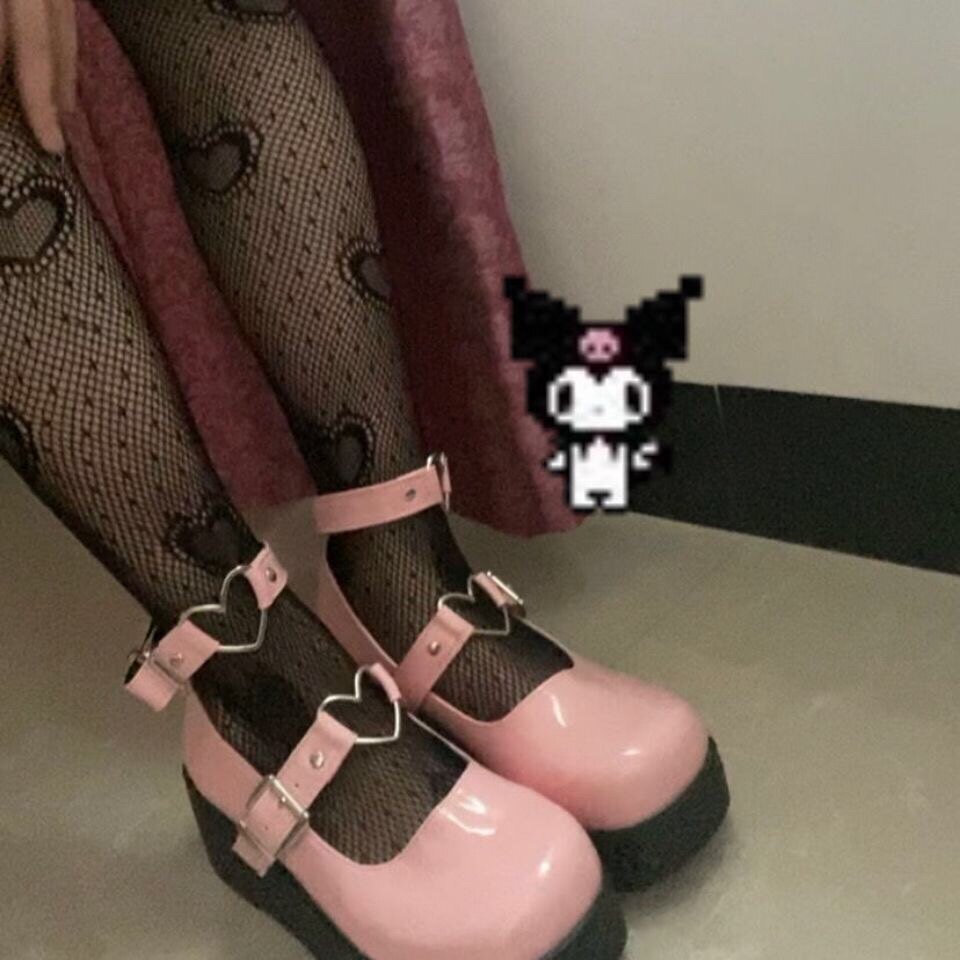 外贸ins原宿y2k爱心圆头扣带厚底皮鞋松糕鞋休闲鞋女
