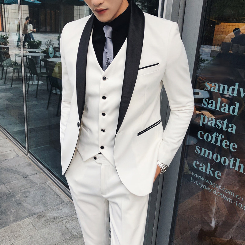 英伦风撞色西服套装主持演出婚礼服潮男士修身影楼摄影青果领西装