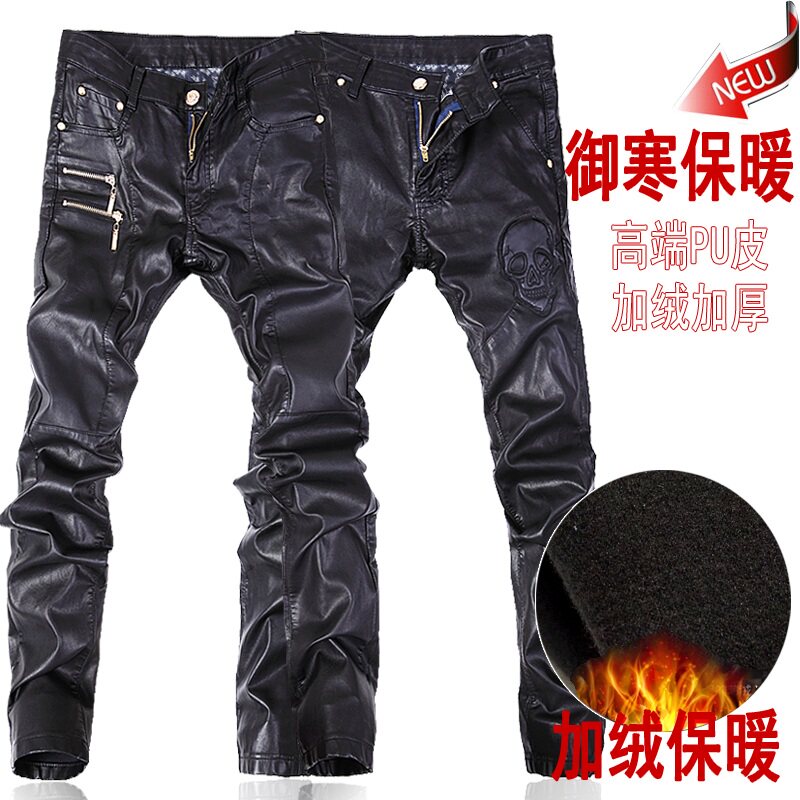 摇滚男裤子拼接保暖加绒皮裤韩版男士紧身小脚裤机车PU皮靴裤