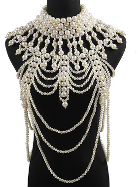 复古身体链仿珍珠项链锁骨链珍珠背心中世纪女王奢华夜店走秀影楼