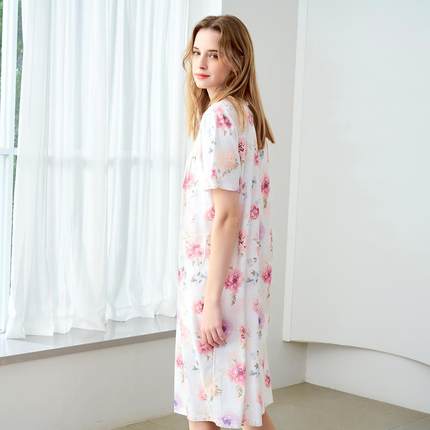 美标2025新款短袖睡裙女夏季纯棉睡衣宽松妈妈家居服套装两件套