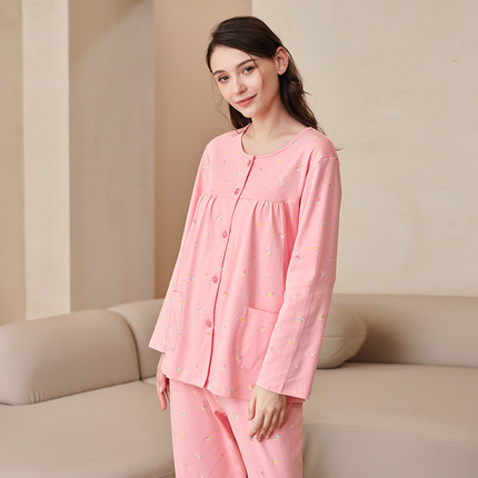 美标睡衣女士套装开扣圆领长袖春秋100%纯棉家居服女款宽松中老年
