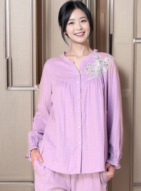美标睡衣女梭织双层棉纱素紫色家居服优雅柔软春秋冬长袖套装棉质