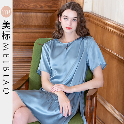 美标旗舰店夏季重磅真丝女士新款短袖睡裙100%桑蚕丝家居服睡衣