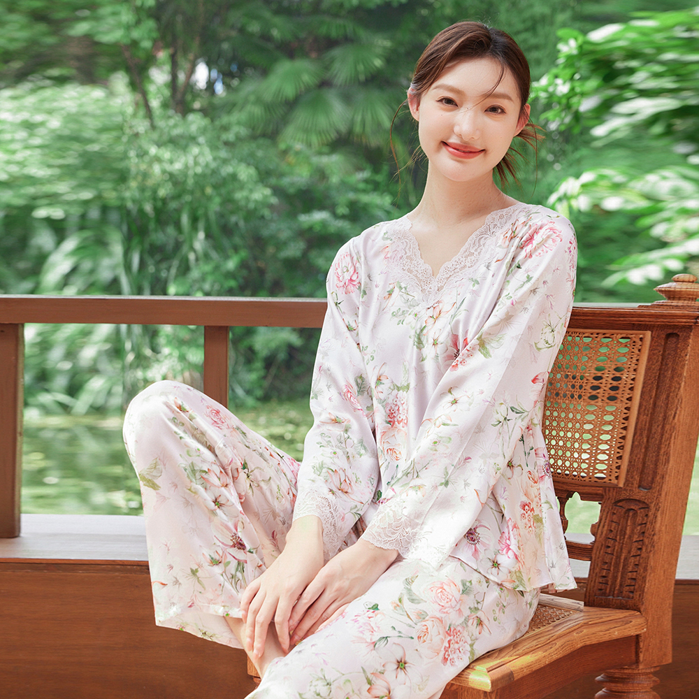 美标2024新品女长袖真丝睡衣套装