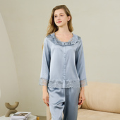 美标真丝睡衣女士长袖 19姆米重磅款 套装 花边100%桑蚕丝家居服套装