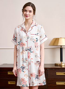 美标甜美花卉印花睡裙女夏季短袖翻领纽扣白色舒适睡衣家居服女装
