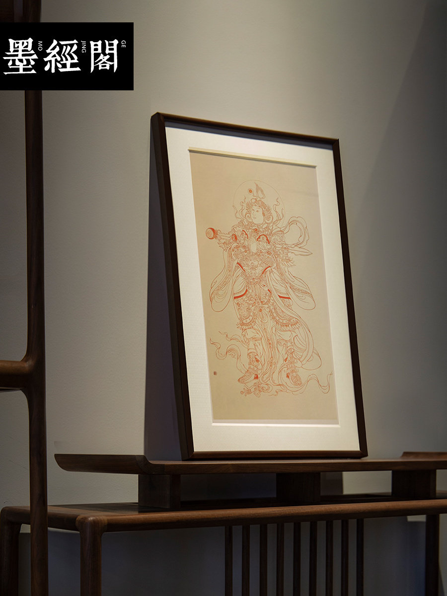 韦驮菩萨韦陀佛朱砂白描挂画新中式客厅装饰画办公室书房实木装裱