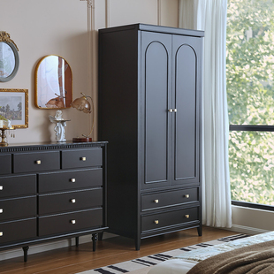法式复古实木衣柜黑色小户型卧室挂衣柜2026新款简约美式榉木衣橱