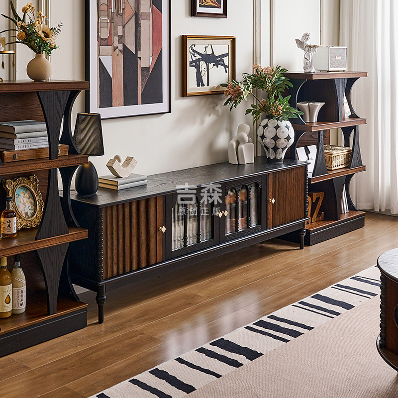 法式复古全实木电视柜黑色网红原木新款家用中古茶几组合电视机柜,住宅家具,电视柜,淘宝优惠券,粉丝福利购,淘宝优惠卷