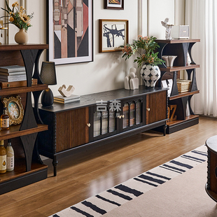 法式复古全实木电视柜黑色网红原木新款家用中古茶几组合电视机柜