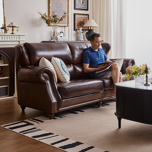美式真皮直排沙发法式欧式复古客厅2026新款小户型头层牛皮三人位