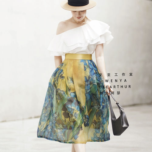 亦克阿瑟中长蓬蓬裙油画印花黄色