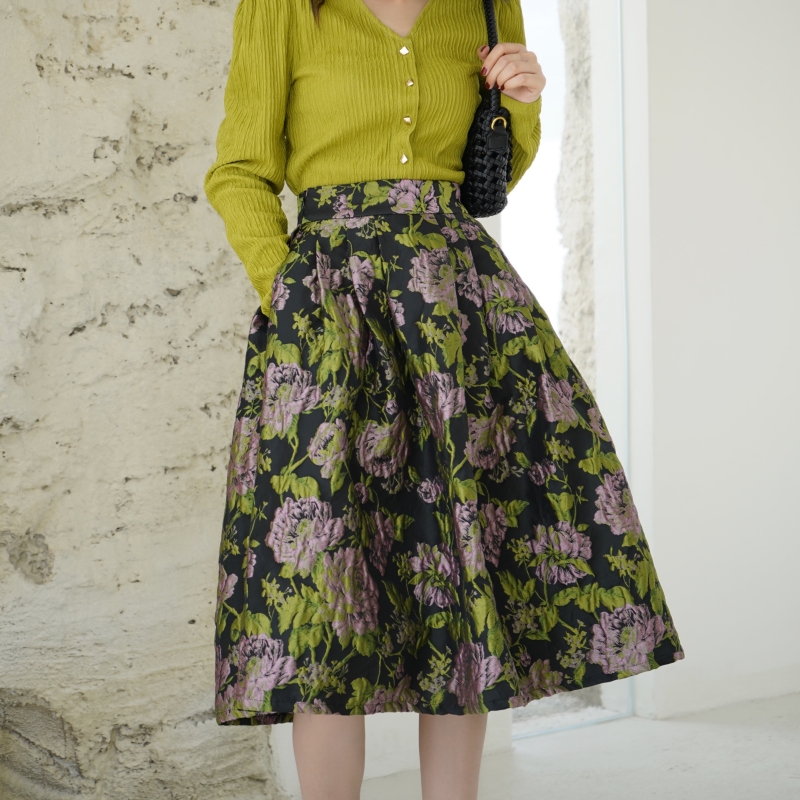 秋冬复古大花半身伞裙口袋高腰