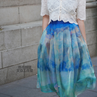 蓬蓬裙优雅高腰半身裙中长 亦克阿瑟碧波轻舞原创手绘欧根纱伞裙