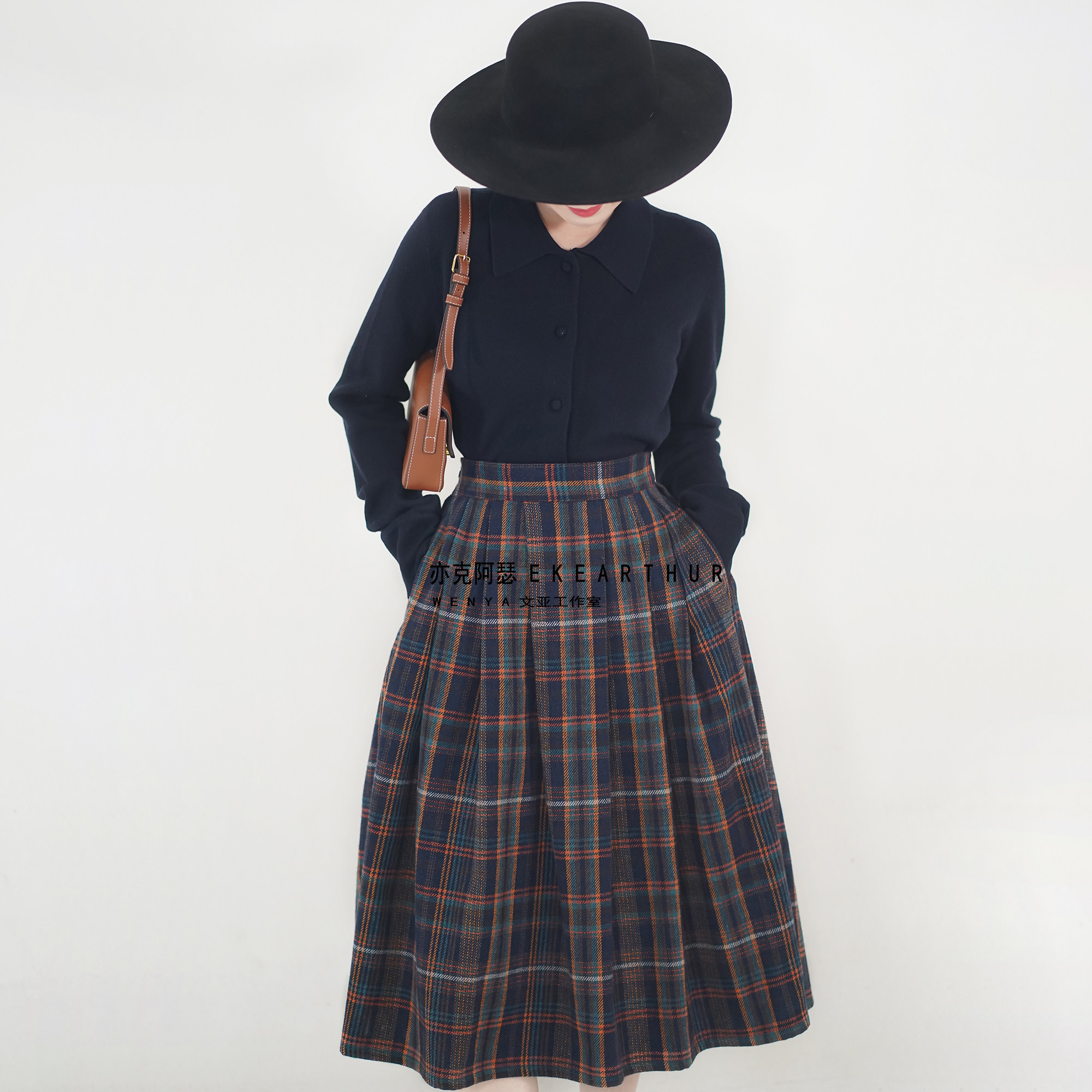 亦克阿瑟秋冬新款经典羊毛呢半身裙复古格子百褶裙中长款伞裙深蓝,女装/女士精品,半身裙,淘宝优惠券,粉丝福利购,淘宝优惠卷