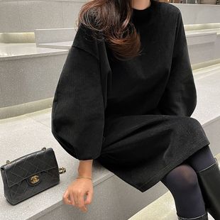 L82韩女装 春秋冬连衣裙套头遮肉显瘦温暖 设计感廓形灯芯绒花苞袖