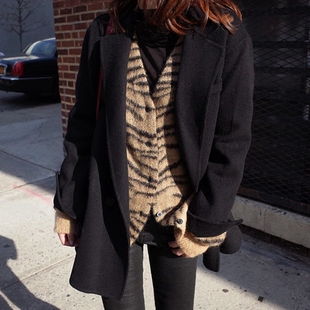 D18韩国女装手工双面绒羊毛毛呢宽松简约西装式外套大衣handmade