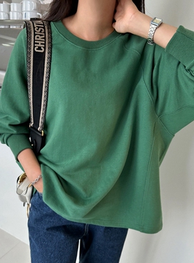 T322好品质韩国宽松下摆插肩袖圆领全棉长袖卫衣女显瘦秋冬