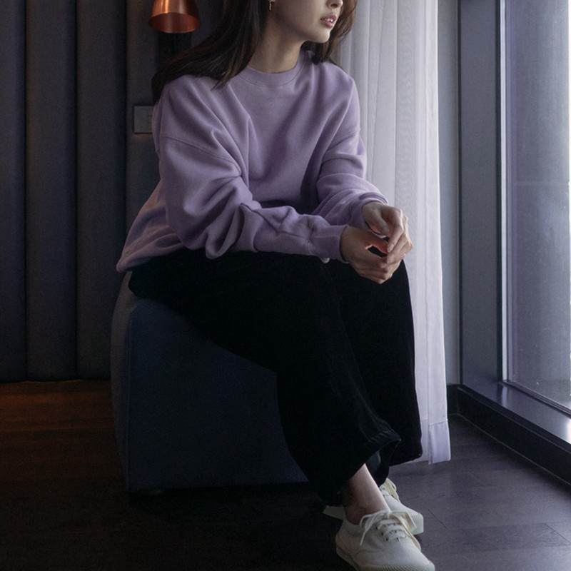 T196韩国女装新品2026抓绒紫罗兰宽松圆领套头长袖秋冬女卫衣保暖